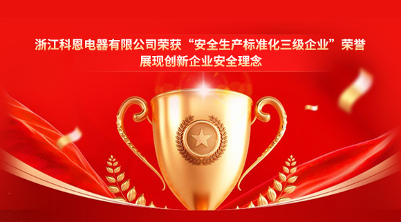 浙江科恩電器有限公司榮獲“安全生產(chǎn)標(biāo)準(zhǔn)化三級(jí)企業(yè)”榮譽(yù)，展現(xiàn)創(chuàng)新企業(yè)安全理念！